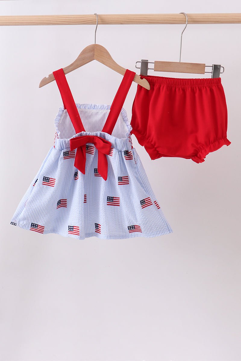 Blue flag embroidery seersucker bloomer set - Abbies Place