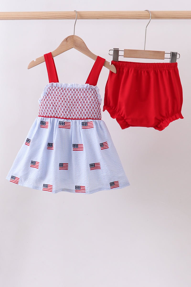 Blue flag embroidery seersucker bloomer set - Abbies Place