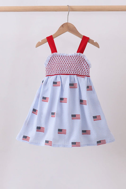 Blue flag embroidery seersucker ruffle dress - Abbies Place