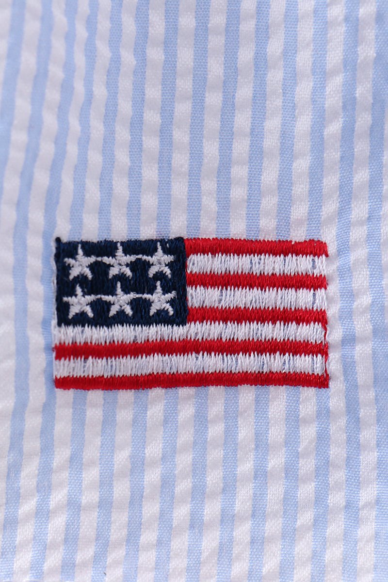 Blue flag embroidery seersucker ruffle shorts set - Abbies Place