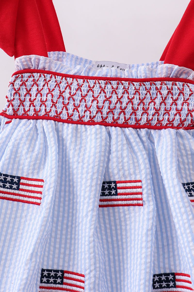 Blue flag embroidery seersucker ruffle shorts set - Abbies Place