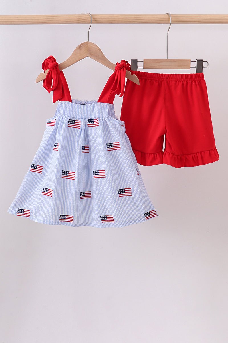 Blue flag embroidery seersucker ruffle shorts set - Abbies Place