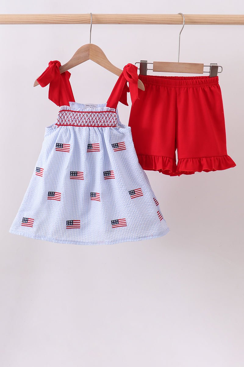 Blue flag embroidery seersucker ruffle shorts set - Abbies Place