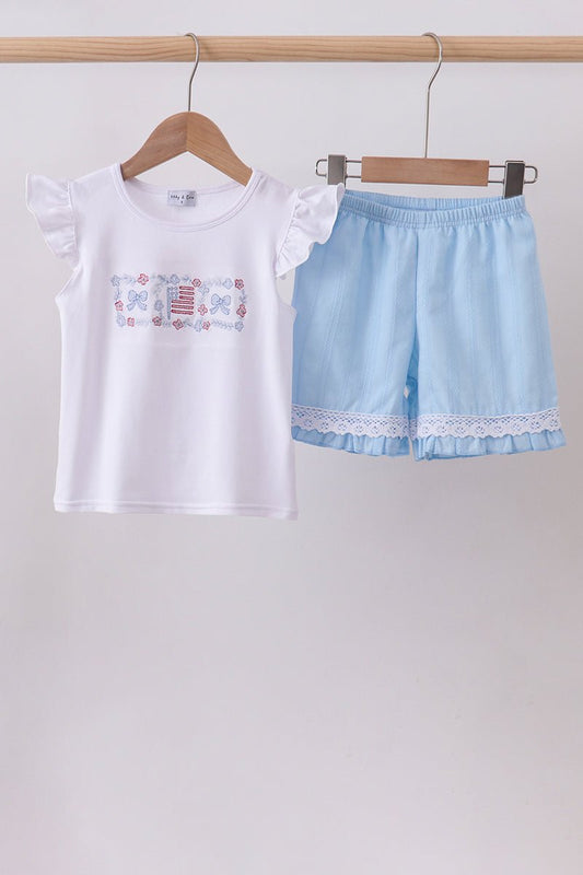 Blue flag smocked jacquard ruffle shorts set - Abbies Place