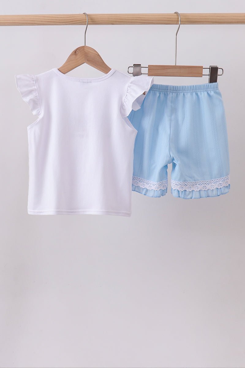 Blue flag smocked jacquard ruffle shorts set - Abbies Place