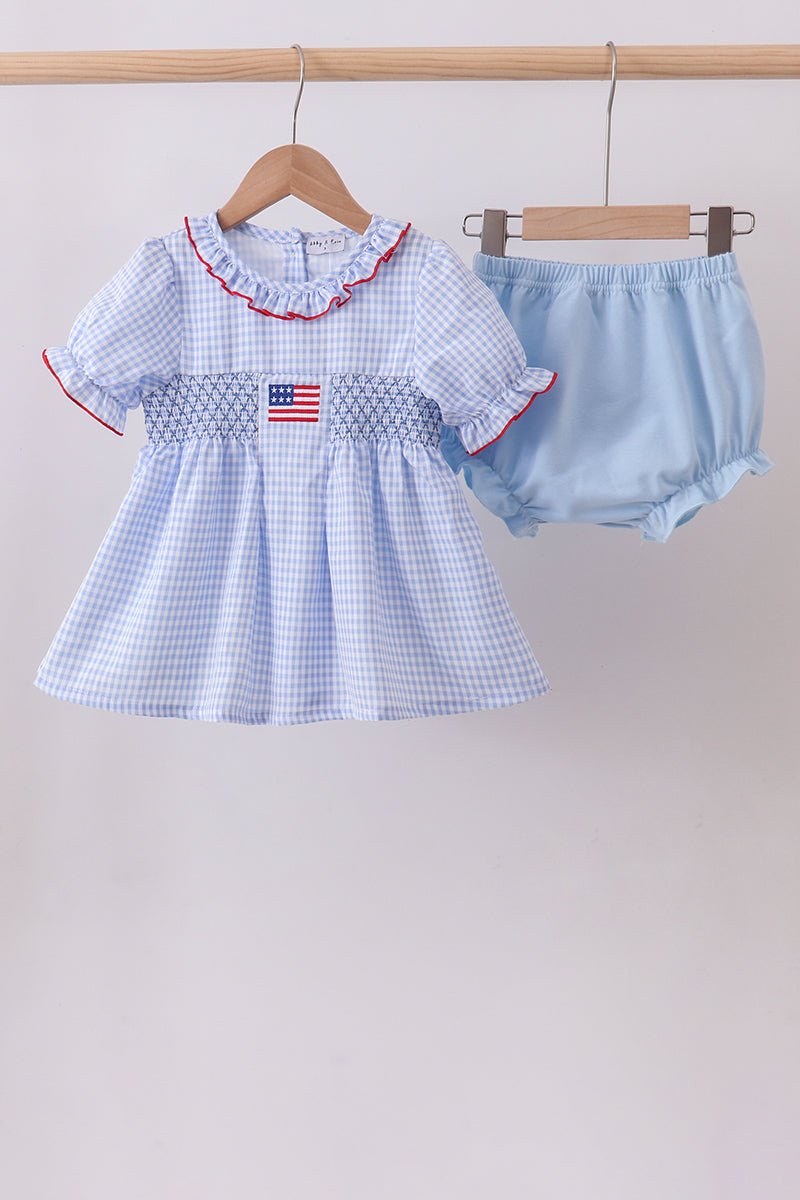 Blue flag smocked ruffle bloomer set - Abbies Place