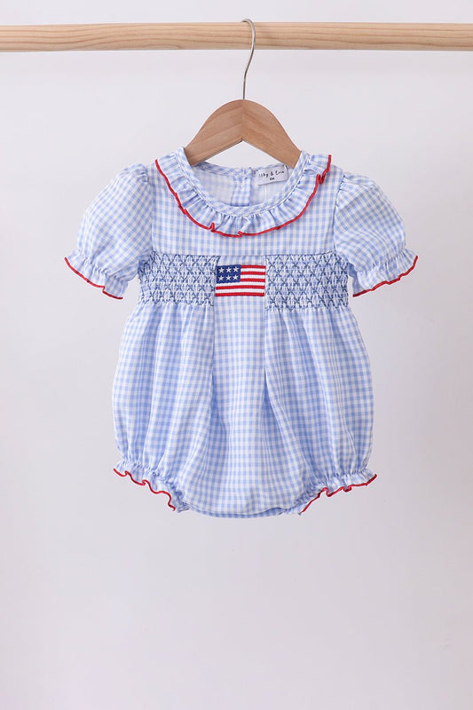 Blue flag smocked ruffle bubble - Abbies Place