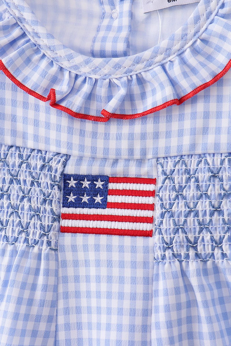 Blue flag smocked ruffle bubble - Abbies Place