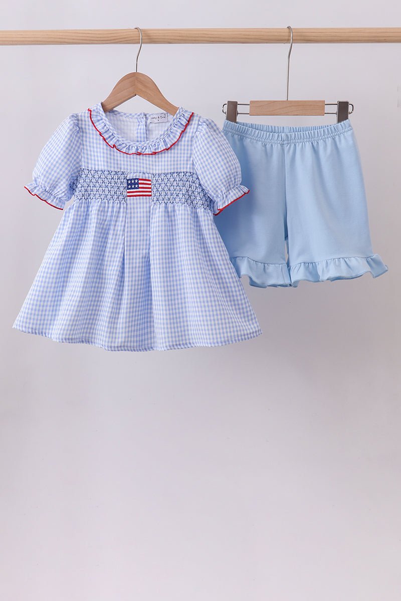 Blue flag smocked ruffle shorts set - Abbies Place