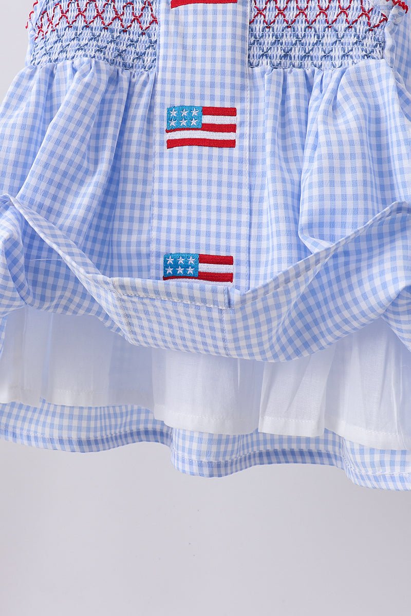 Blue flag smocked woven gingham bloomer set - Abbies Place