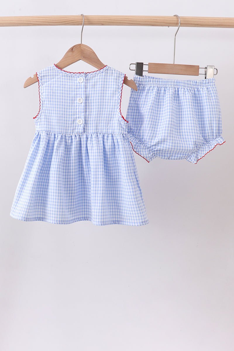 Blue flag smocked woven gingham bloomer set - Abbies Place