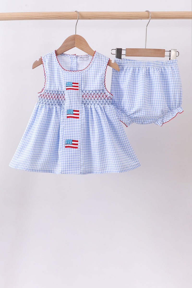 Blue flag smocked woven gingham bloomer set - Abbies Place