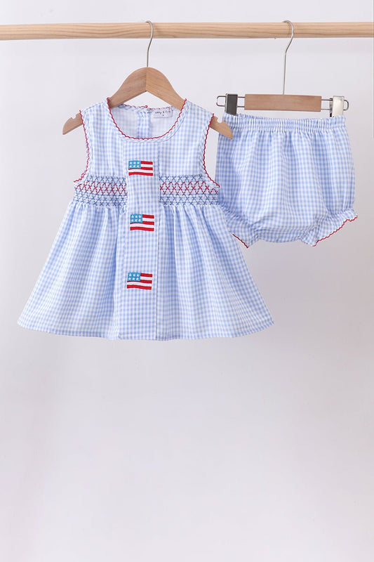 Blue flag smocked woven gingham bloomer set - Abbies Place