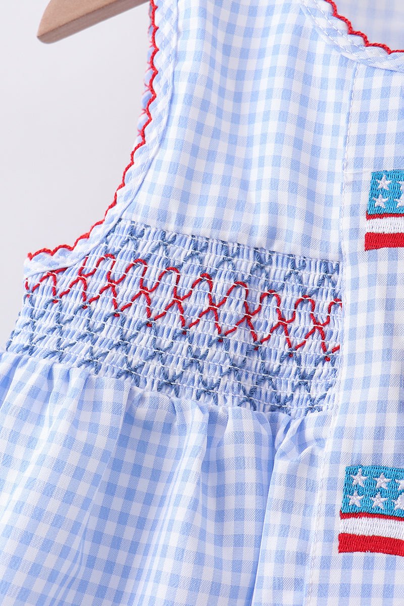 Blue flag smocked woven gingham bloomer set - Abbies Place