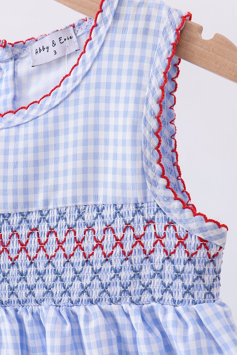 Blue flag smocked woven gingham dress - Abbies Place