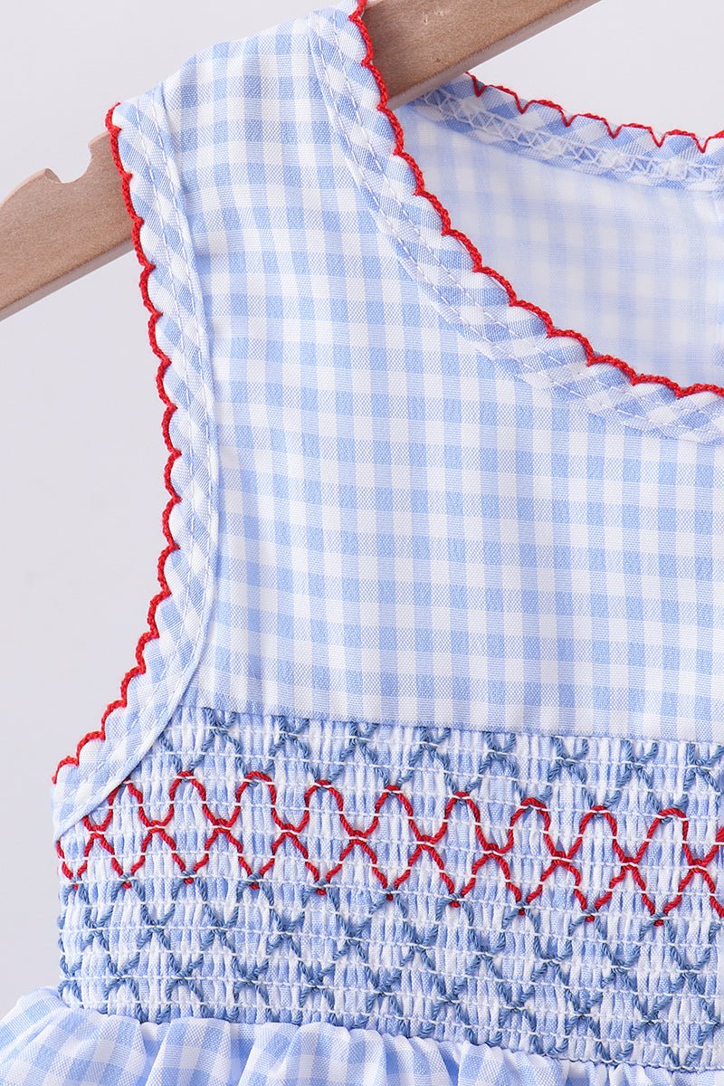 Blue flag smocked woven gingham dress - Abbies Place
