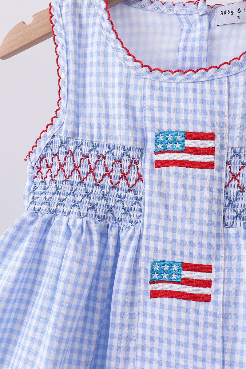 Blue flag smocked woven gingham ruffle shorts set - Abbies Place