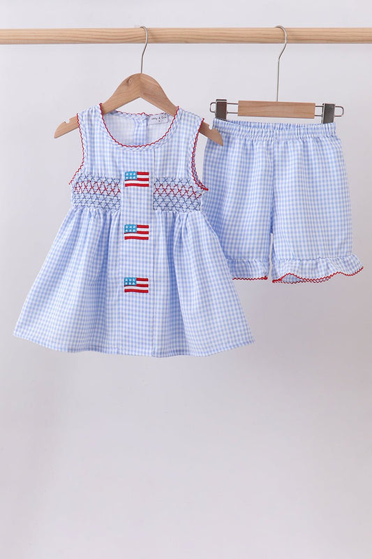 Blue flag smocked woven gingham ruffle shorts set - Abbies Place