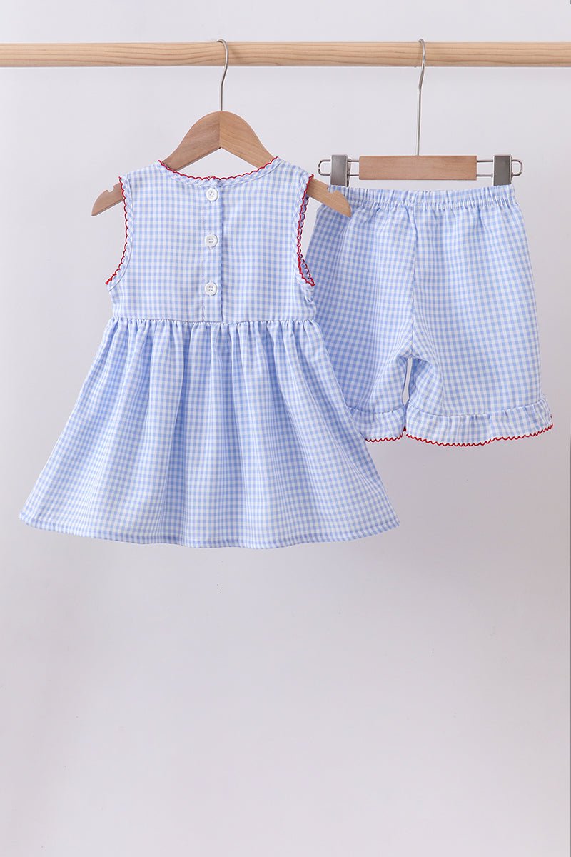 Blue flag smocked woven gingham ruffle shorts set - Abbies Place