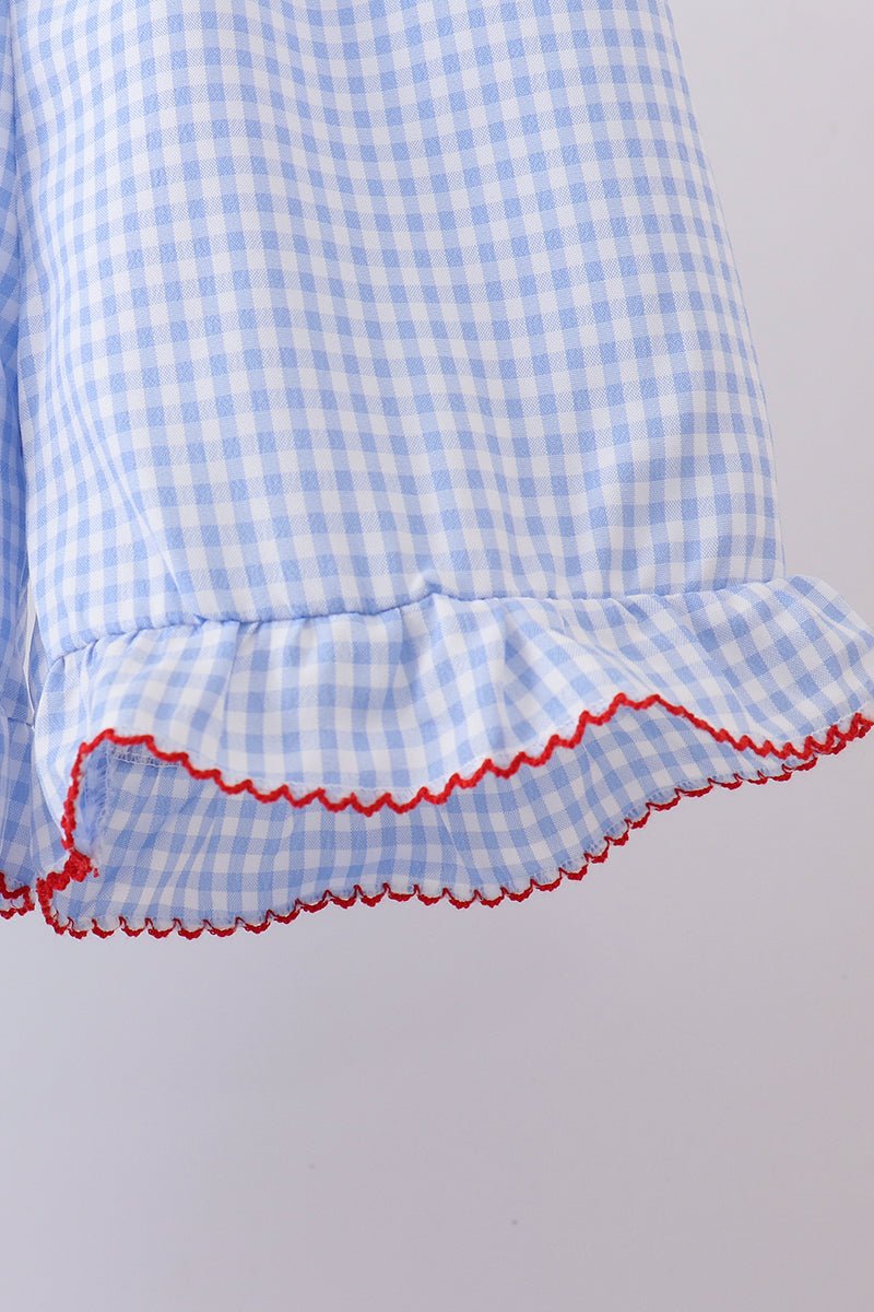 Blue flag smocked woven gingham ruffle shorts set - Abbies Place