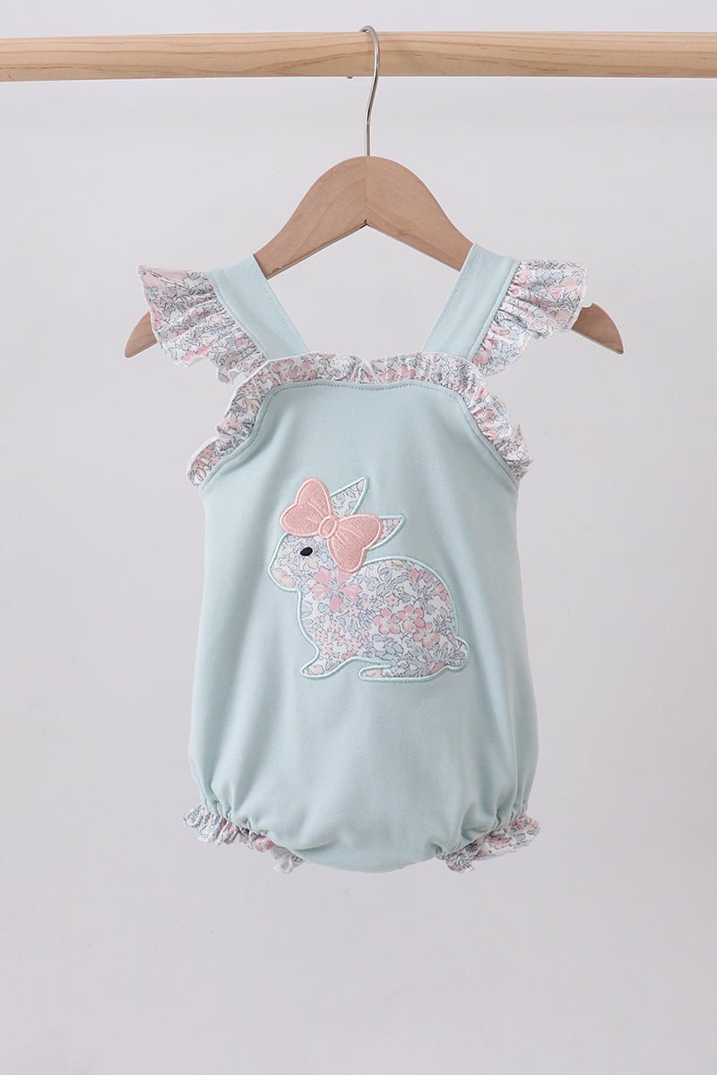 Blue floral bunny applique ruffle bubble - Abbies Place
