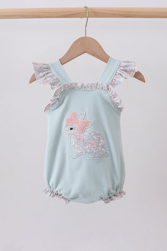 Blue floral bunny applique ruffle bubble - Abbies Place