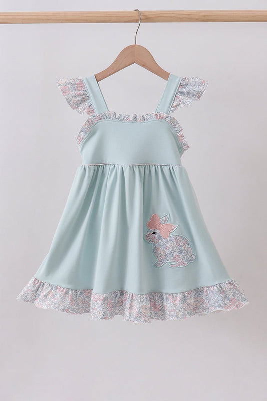 Blue floral bunny applique ruffle dress - Abbies Place