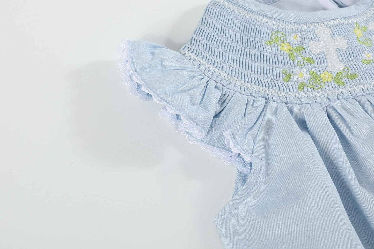 Blue Floral Crosses Smocked Bishop Dress - Abbies Place