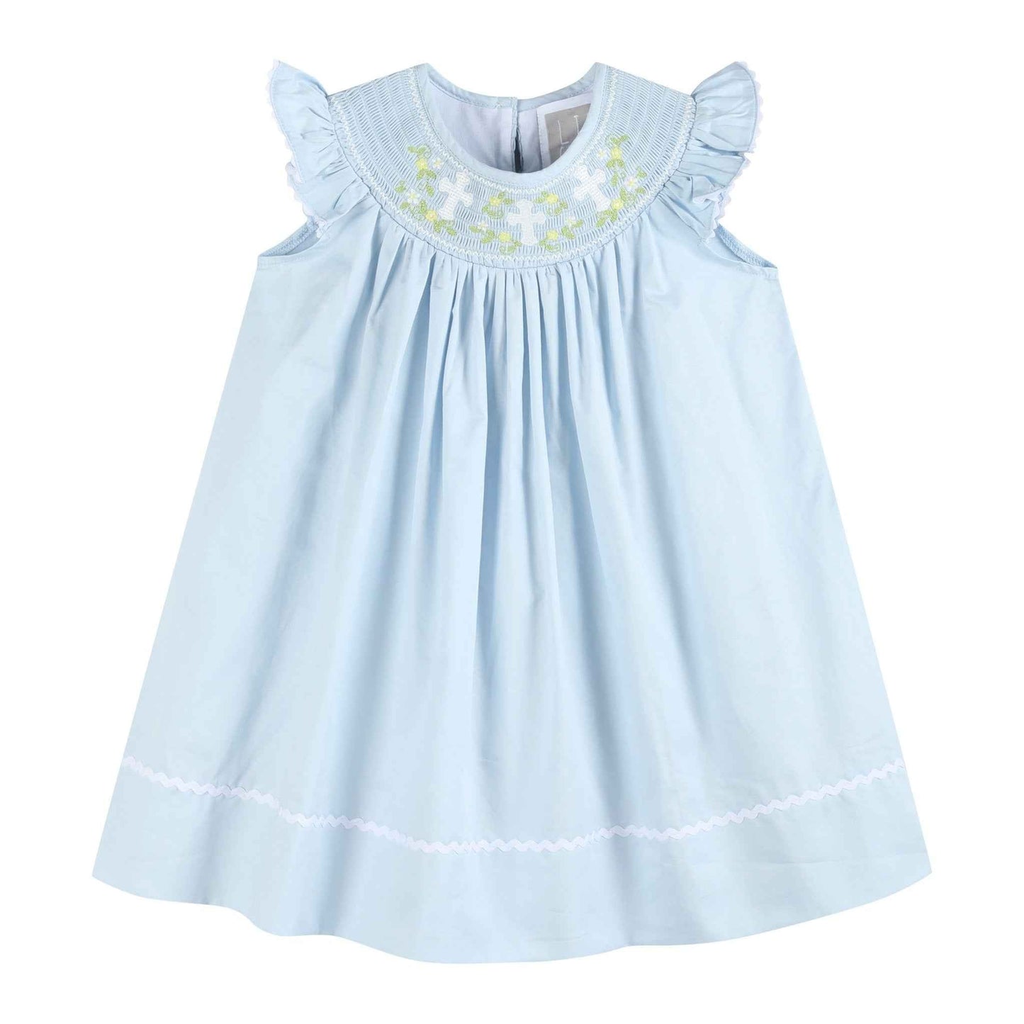 Blue Floral Crosses Smocked Bishop Dress - Abbies Place