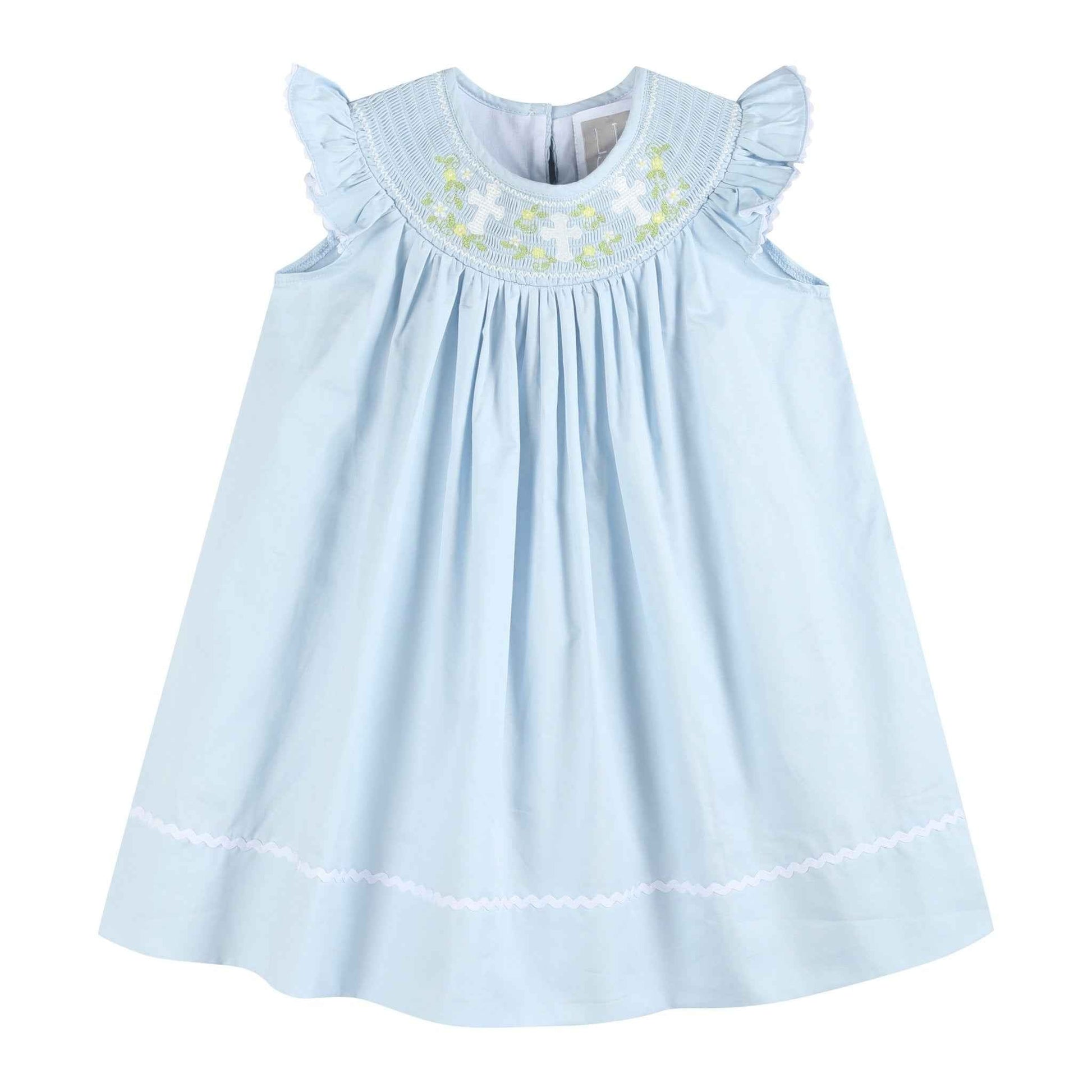 Blue Floral Crosses Smocked Bishop Dress - Abbies Place