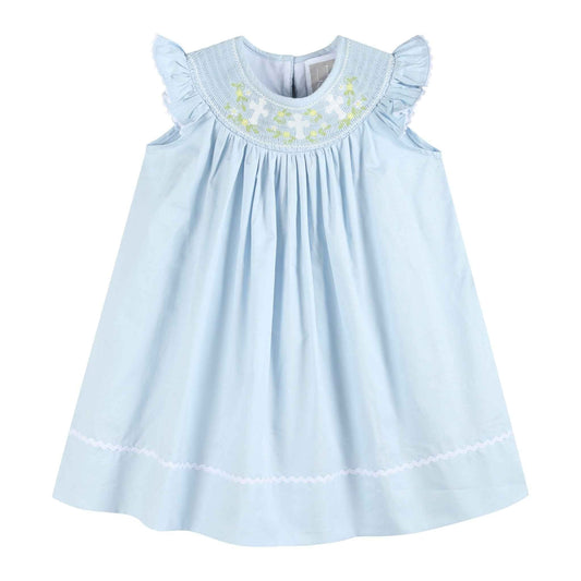 Blue Floral Crosses Smocked Bishop Dress - Abbies Place