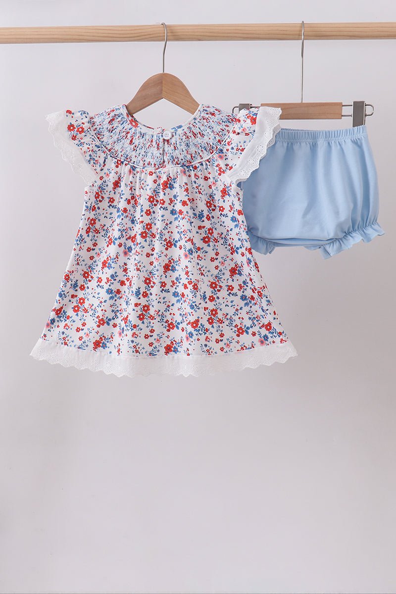 Blue floral lace smocked bloomer set - Abbies Place