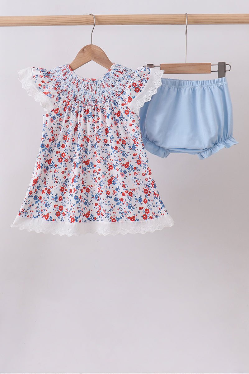 Blue floral lace smocked bloomer set - Abbies Place