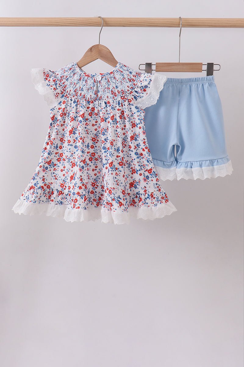 Blue floral lace smocked shorts set - Abbies Place