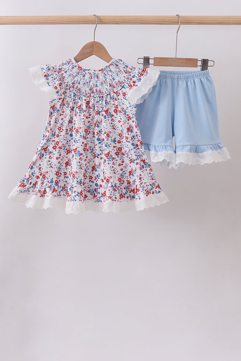 Blue floral lace smocked shorts set - Abbies Place