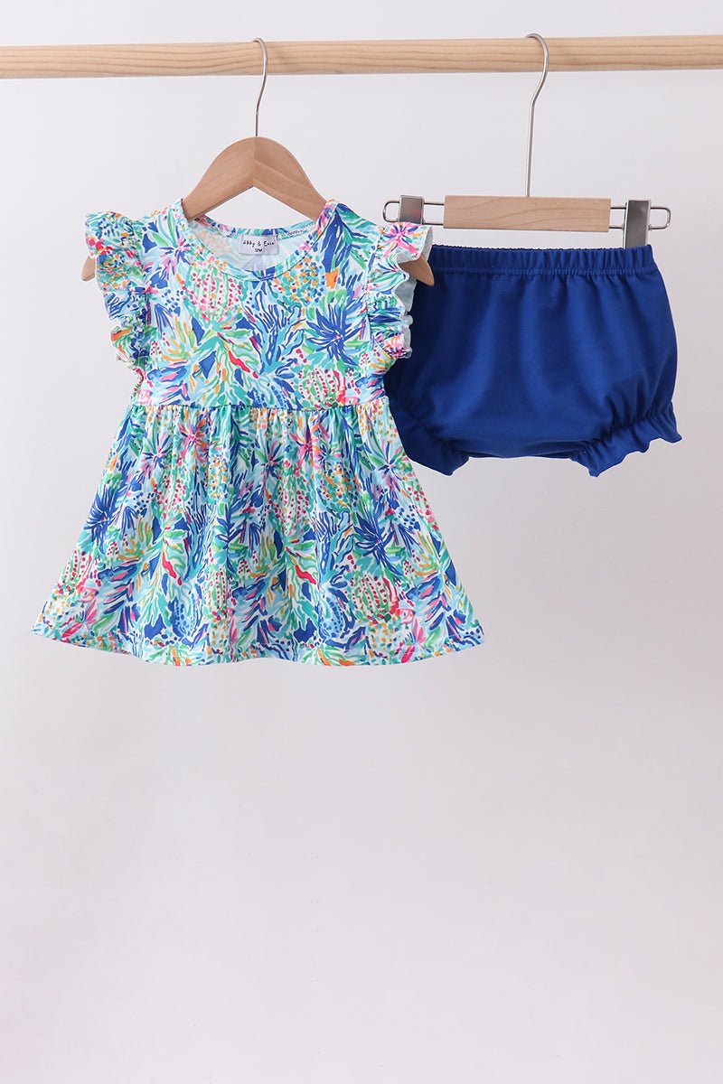 Blue floral print ruffle bloomer set - Abbies Place