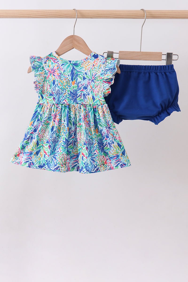 Blue floral print ruffle bloomer set - Abbies Place