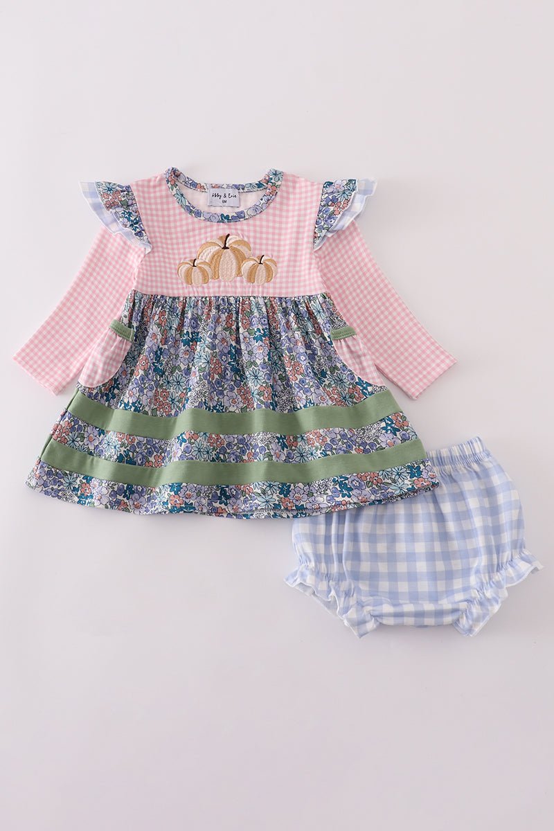 Blue floral pumpkin embroidery ruffle bloomer set - Abbies Place