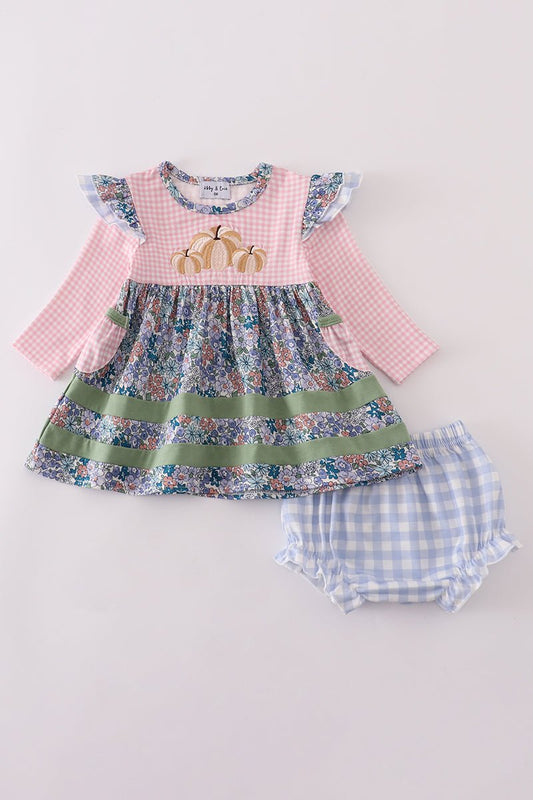 Blue floral pumpkin embroidery ruffle bloomer set - Abbies Place
