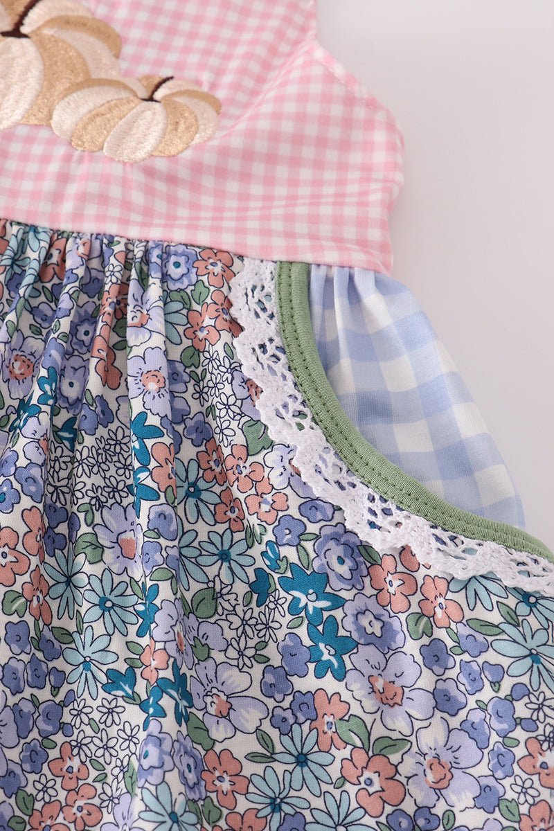 Blue floral pumpkin embroidery ruffle pants set - Abbies Place