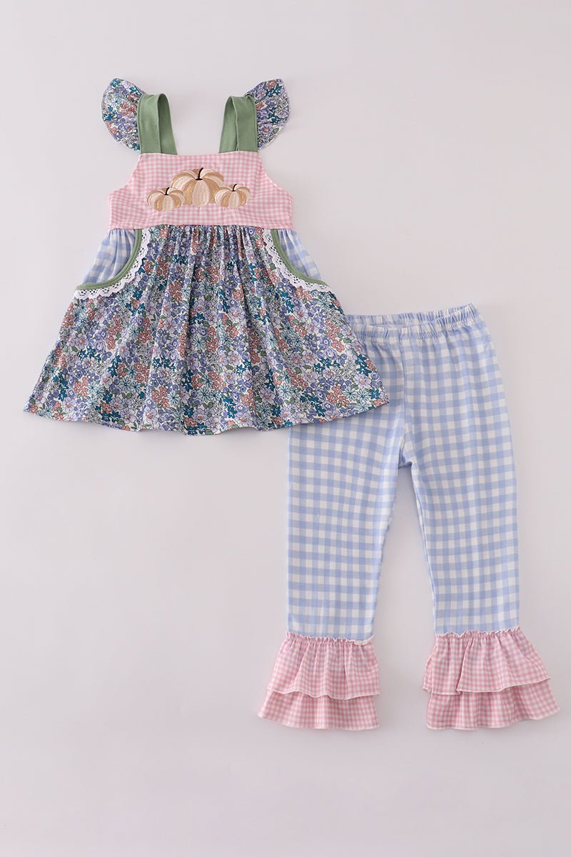 Blue floral pumpkin embroidery ruffle pants set - Abbies Place