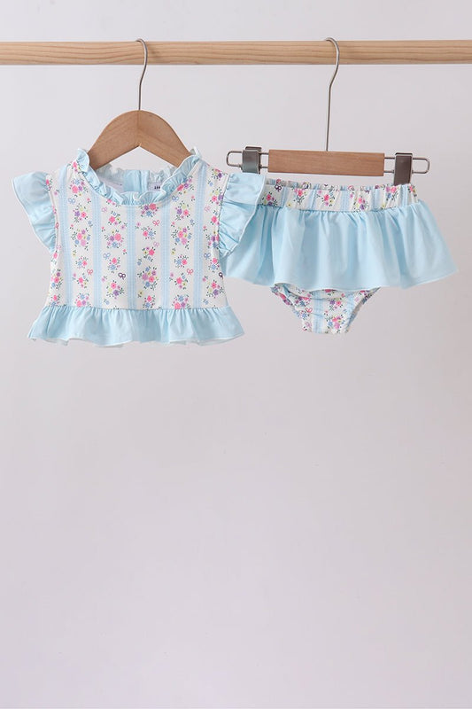 Blue floral ruffle 2pc swimsuit - Abbies Place