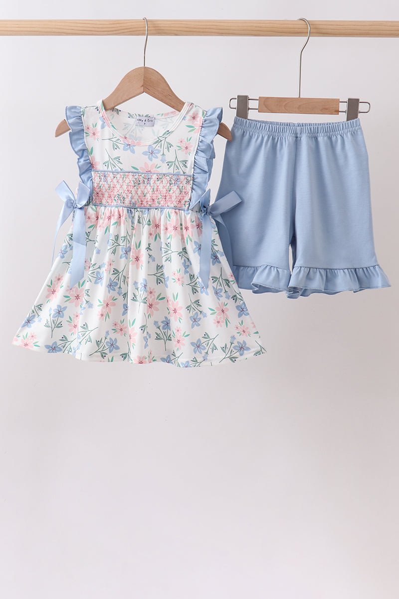 Blue Floral Smocked Ruffle Set - Abbies Place