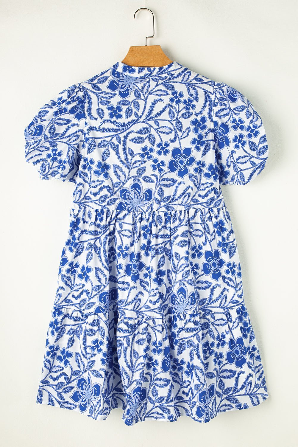 Blue Flower Print Puff Sleeve Tiered Dress - Abbies Place