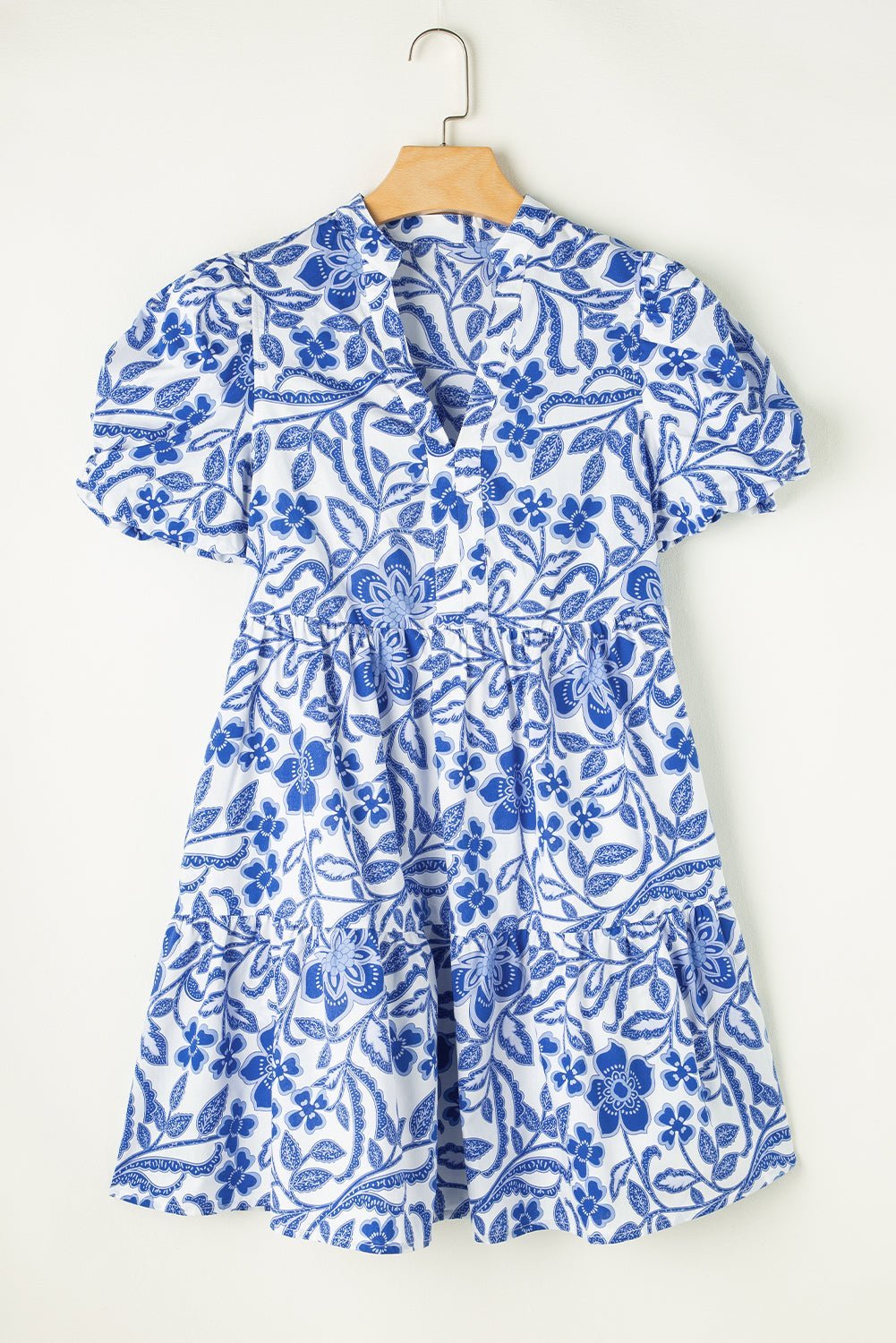 Blue Flower Print Puff Sleeve Tiered Dress - Abbies Place