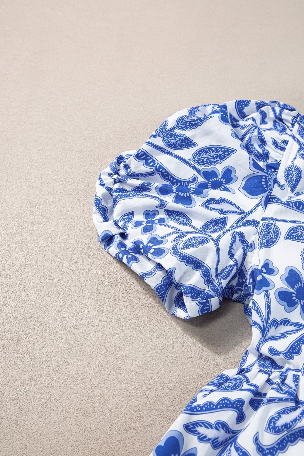 Blue Flower Print Puff Sleeve Tiered Dress - Abbies Place