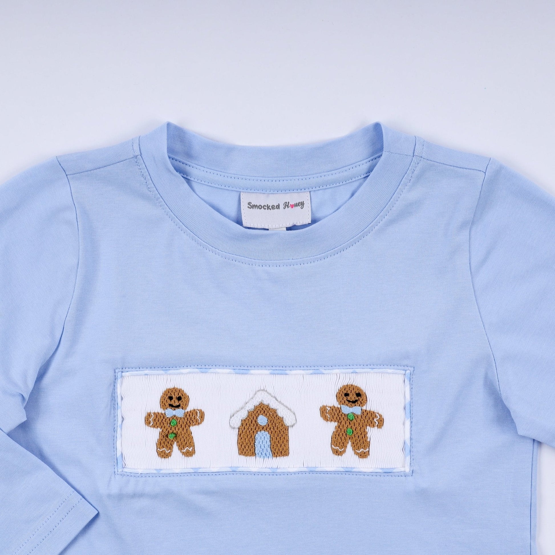 Blue gingerbread hand smocked gingham pants set - Abbies Place