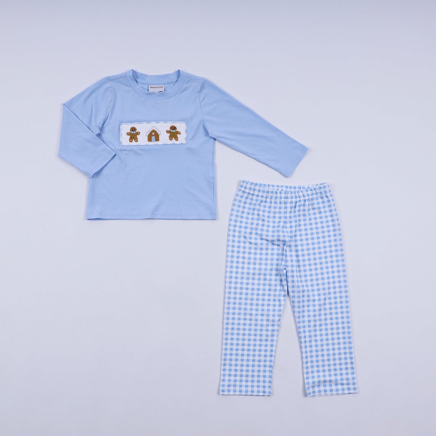 Blue gingerbread hand smocked gingham pants set - Abbies Place