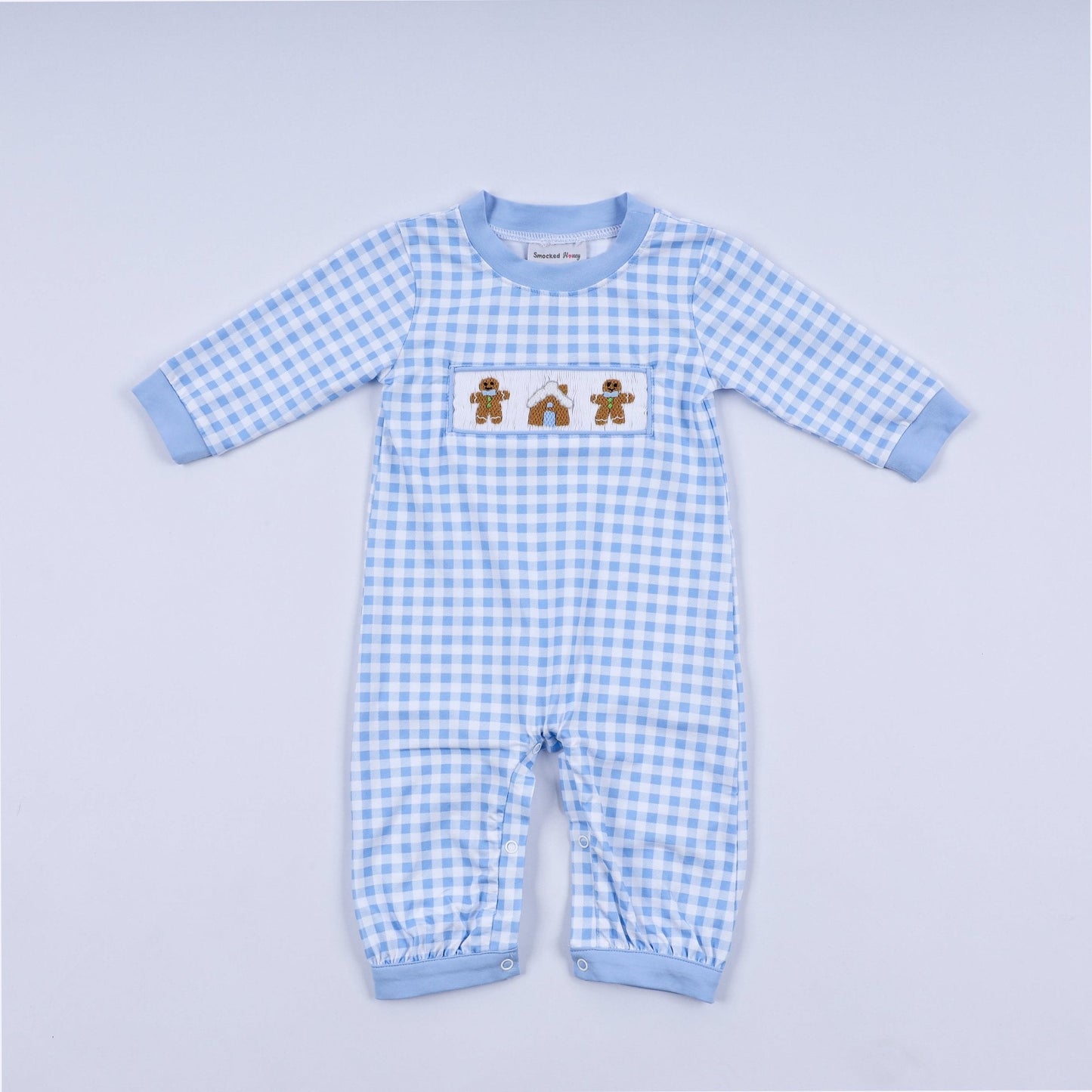 Blue gingerbread hand smocked gingham romper - Abbies Place