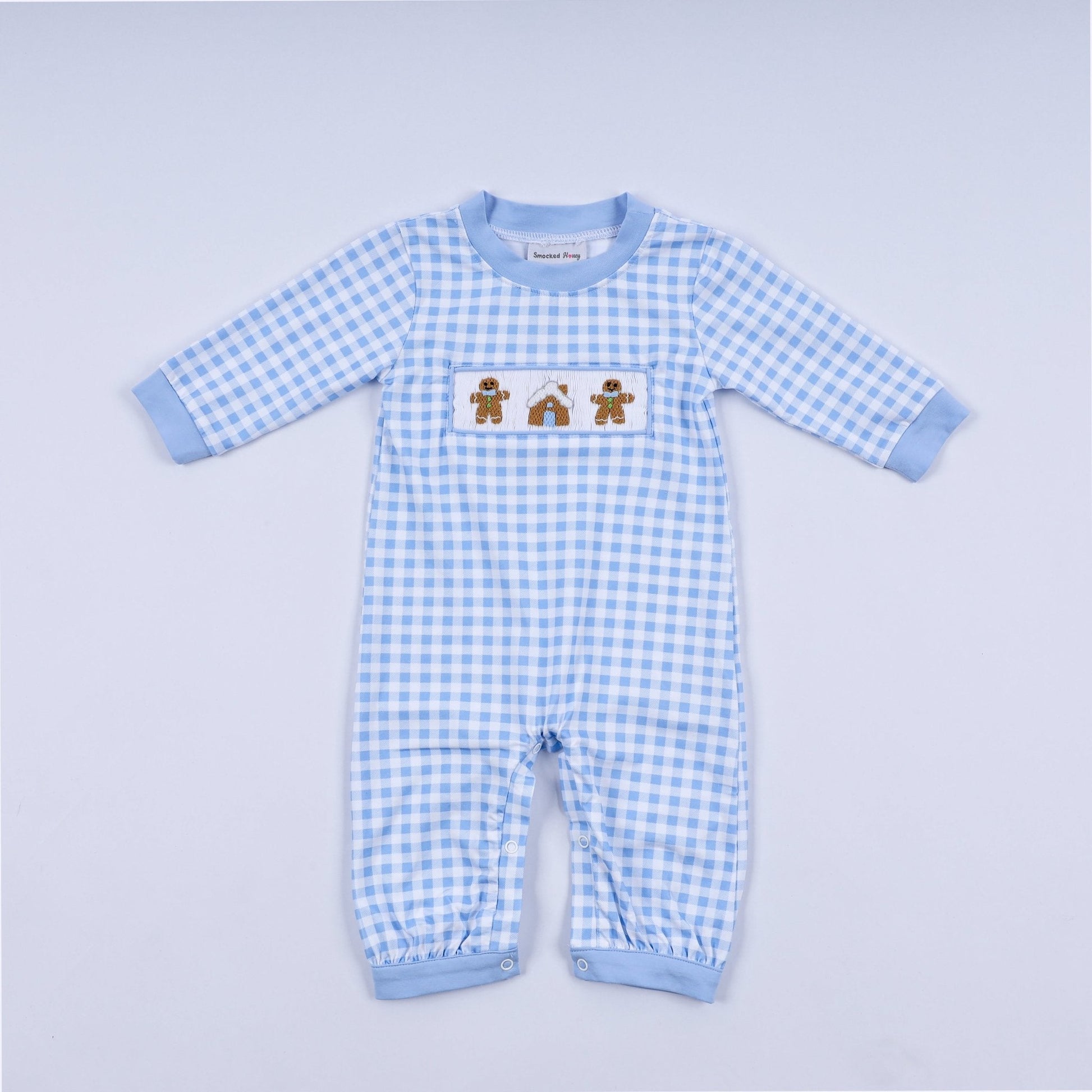 Blue gingerbread hand smocked gingham romper - Abbies Place